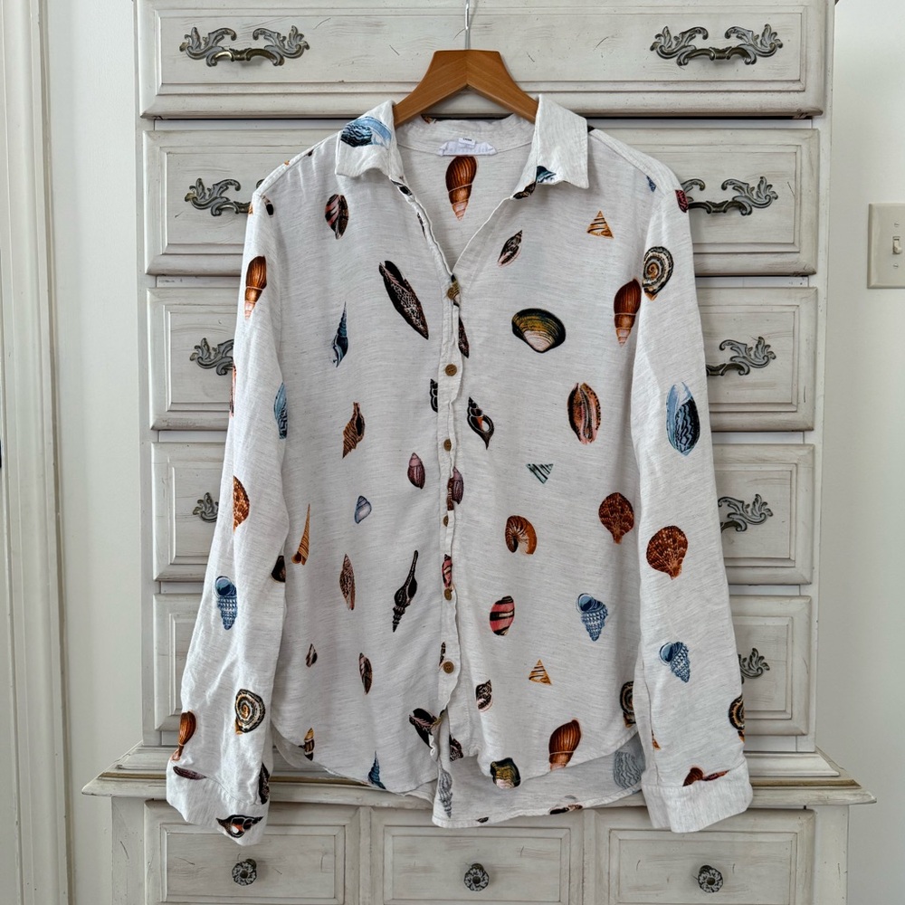 Sea Shells Linen Beach Boho Button Shirt - Picture 2 of 5